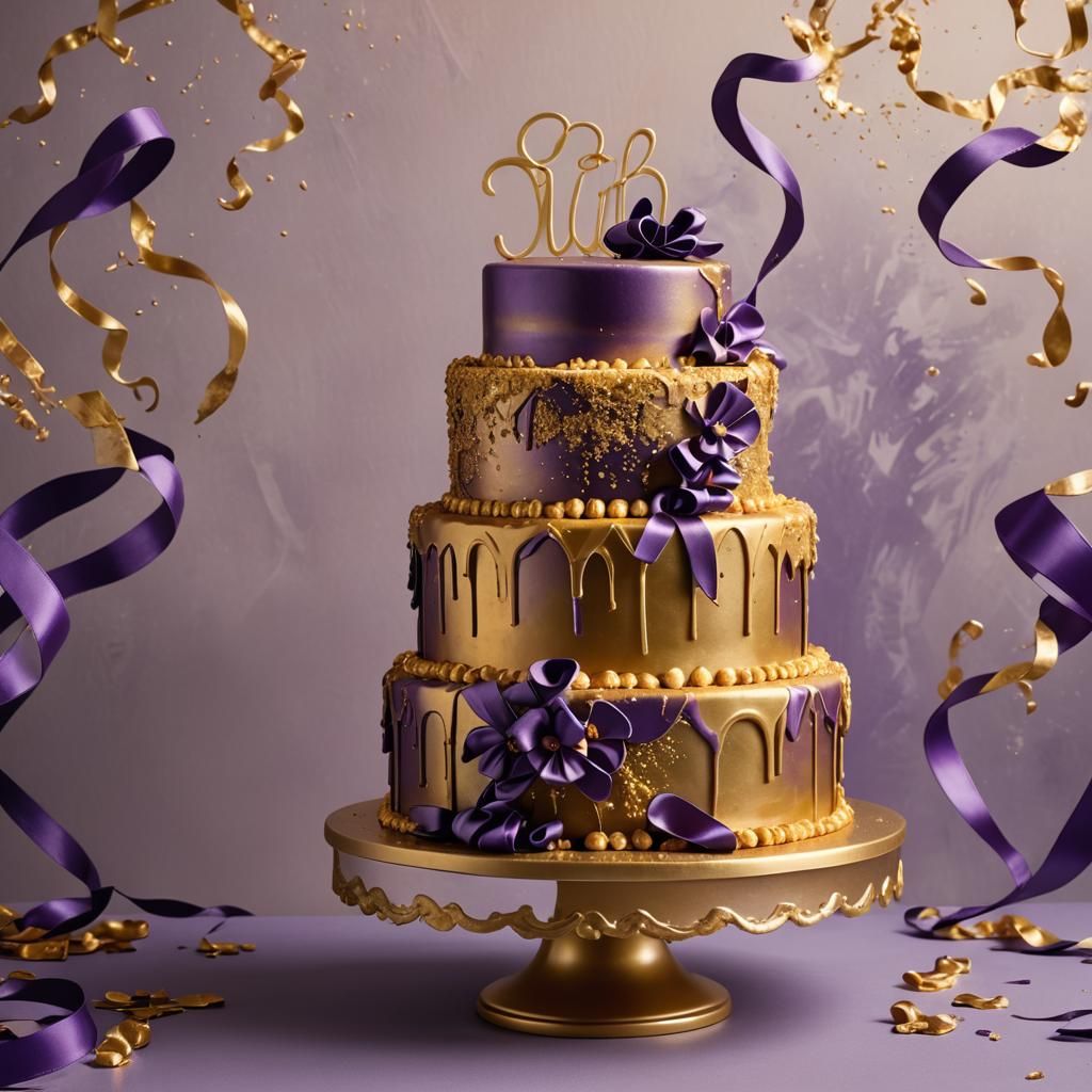 Decadent Gold Cake with Purple Ribbons: Splash Art
