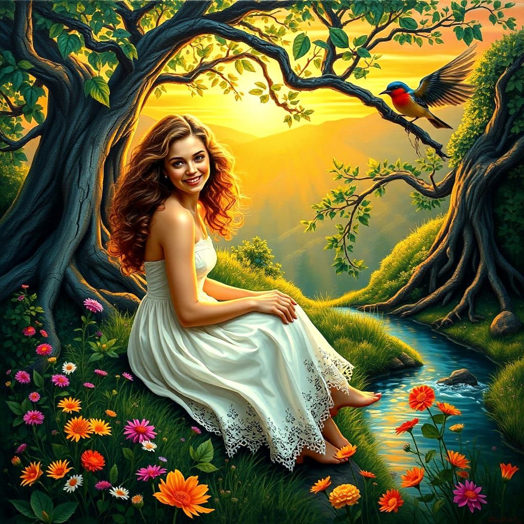 Gentle Maiden on Staircase to Heaven Amidst Vibrant Wildflow...