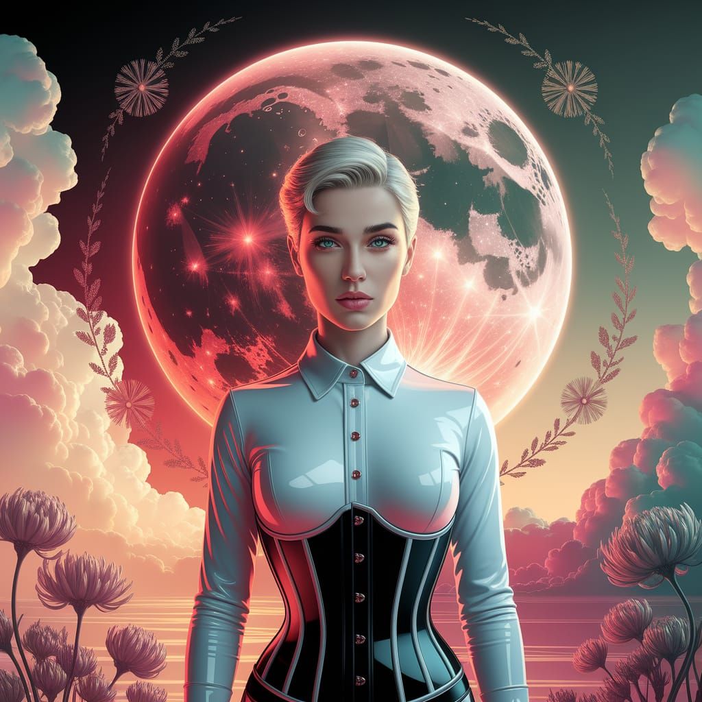 Holographic Moon with Golden Accents in Pop Surrealism