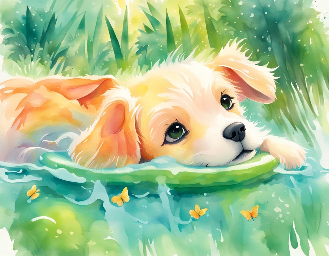 Puppy's Whimsical Float Trip: Watercolor Dream