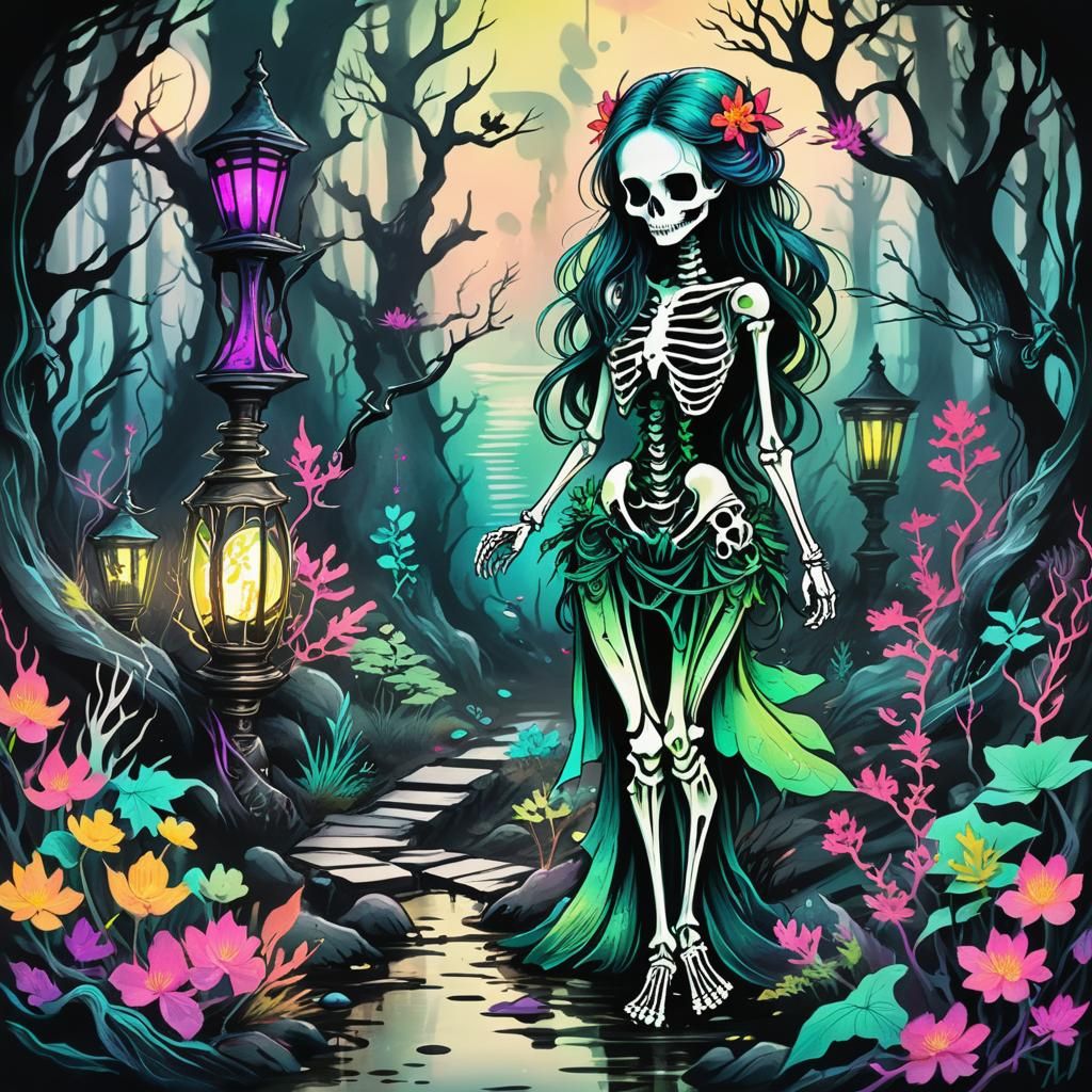 Neon Mermaidpunk Hourglass in Chinese Ink Drawing