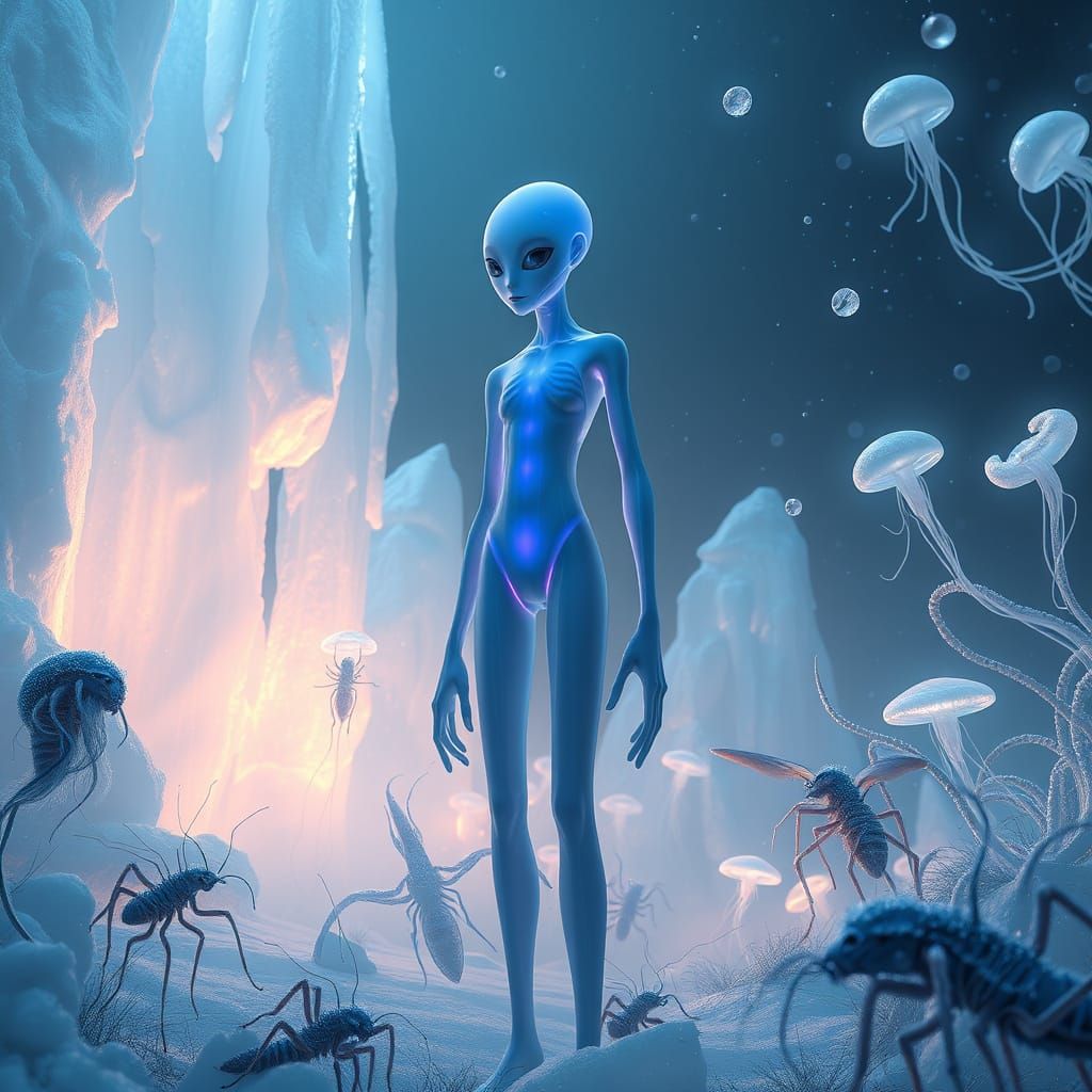 Nitrogen Humanoid in Frozen Jungle with Bioluminescence