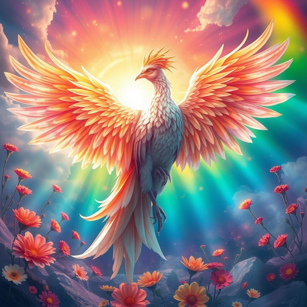 Rainbow Phoenix in Ethereal Garden, Digital Art