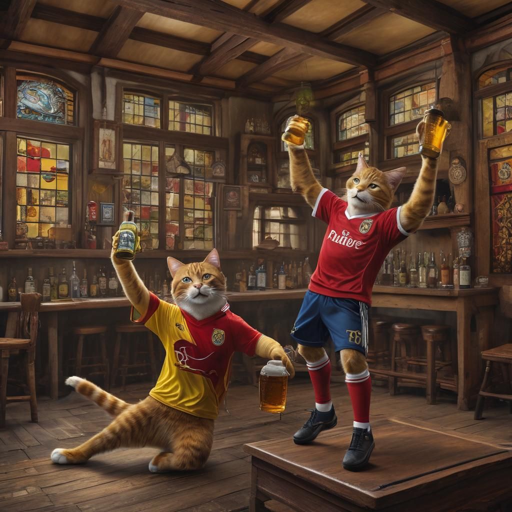Anthropomorphic Cats Bar Fight During Soccer Game