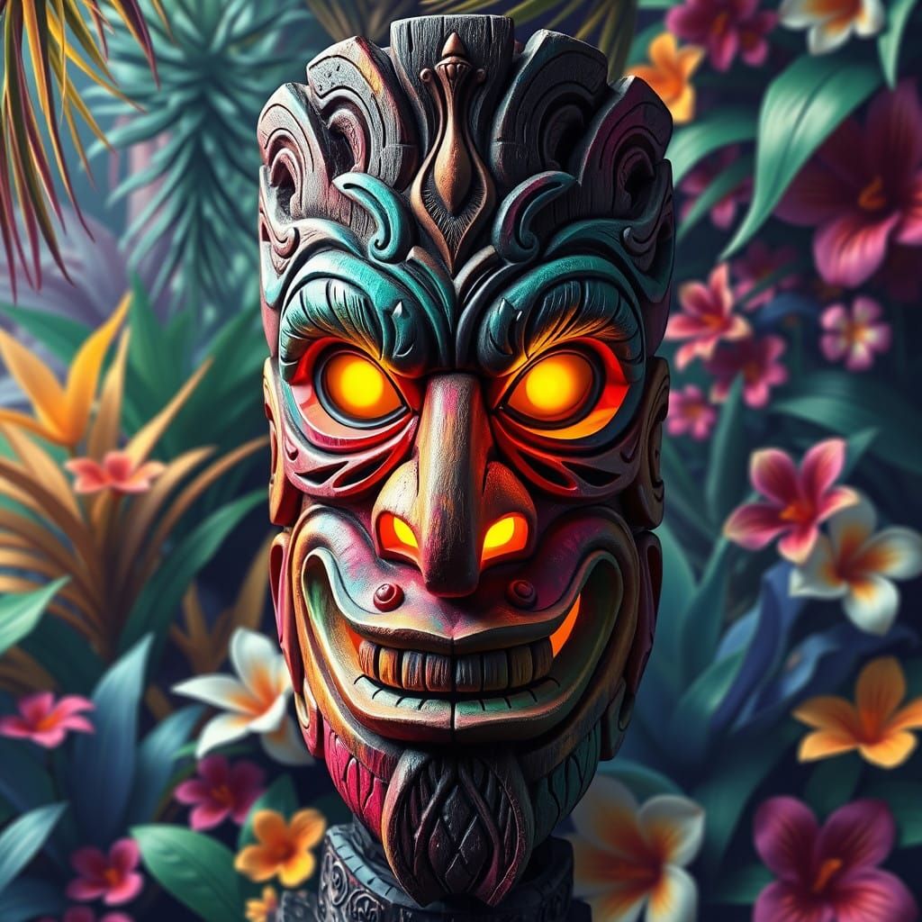 Vibrant Tiki Mask with Glowing Gold Eyes in Tropical Oasis