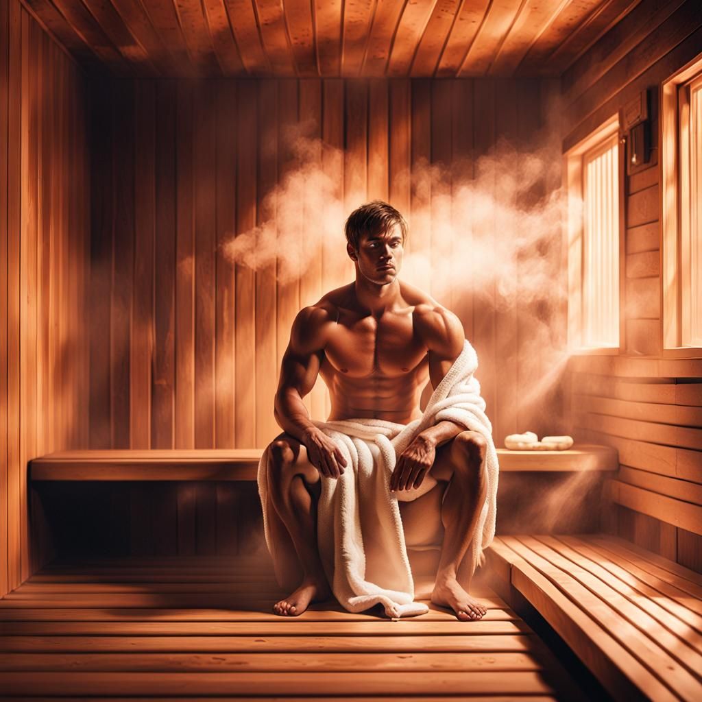Hyperrealistic Sauna Portrait with Dramatic Lighting