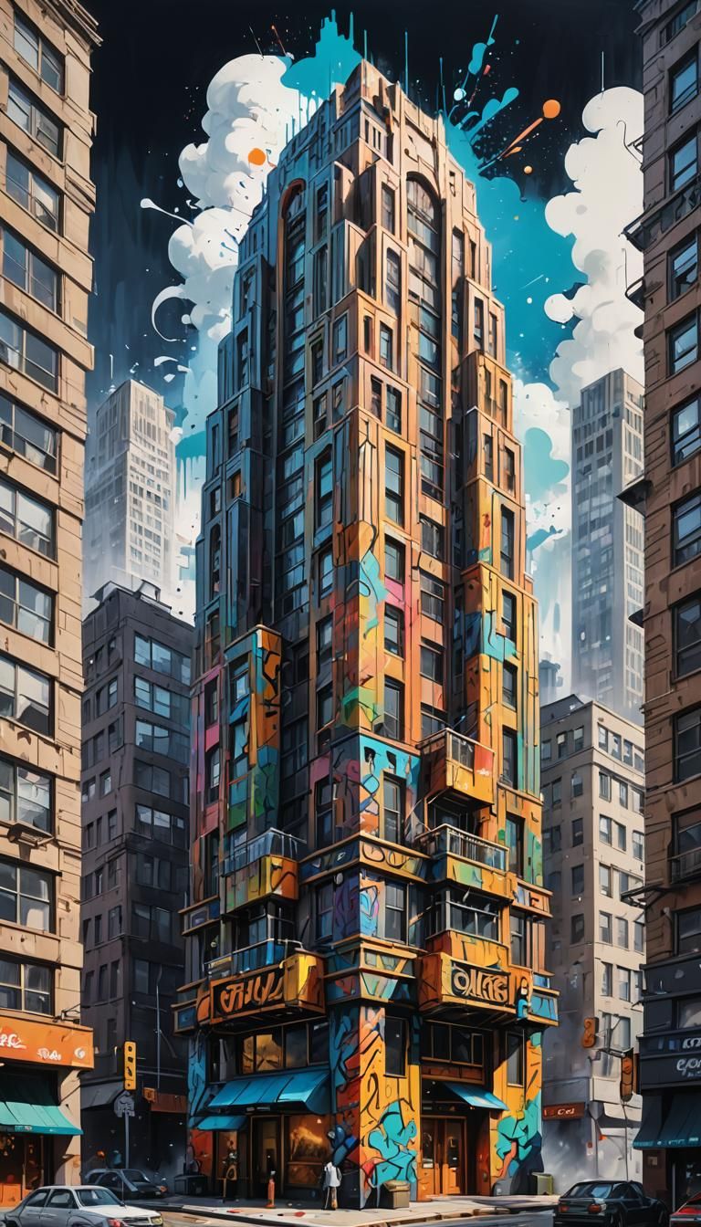 Art Deco Skyscraper with Graffiti Art Elements