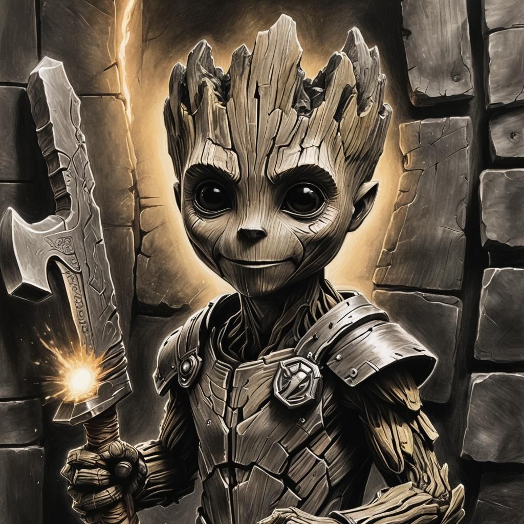 Groot Holds Stormbreaker Axe: Hyperdetailed Charcoal Drawing