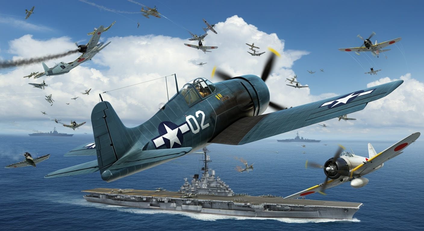 WWII Dogfight Over Aircraft Carrier in Photorealistic Detail