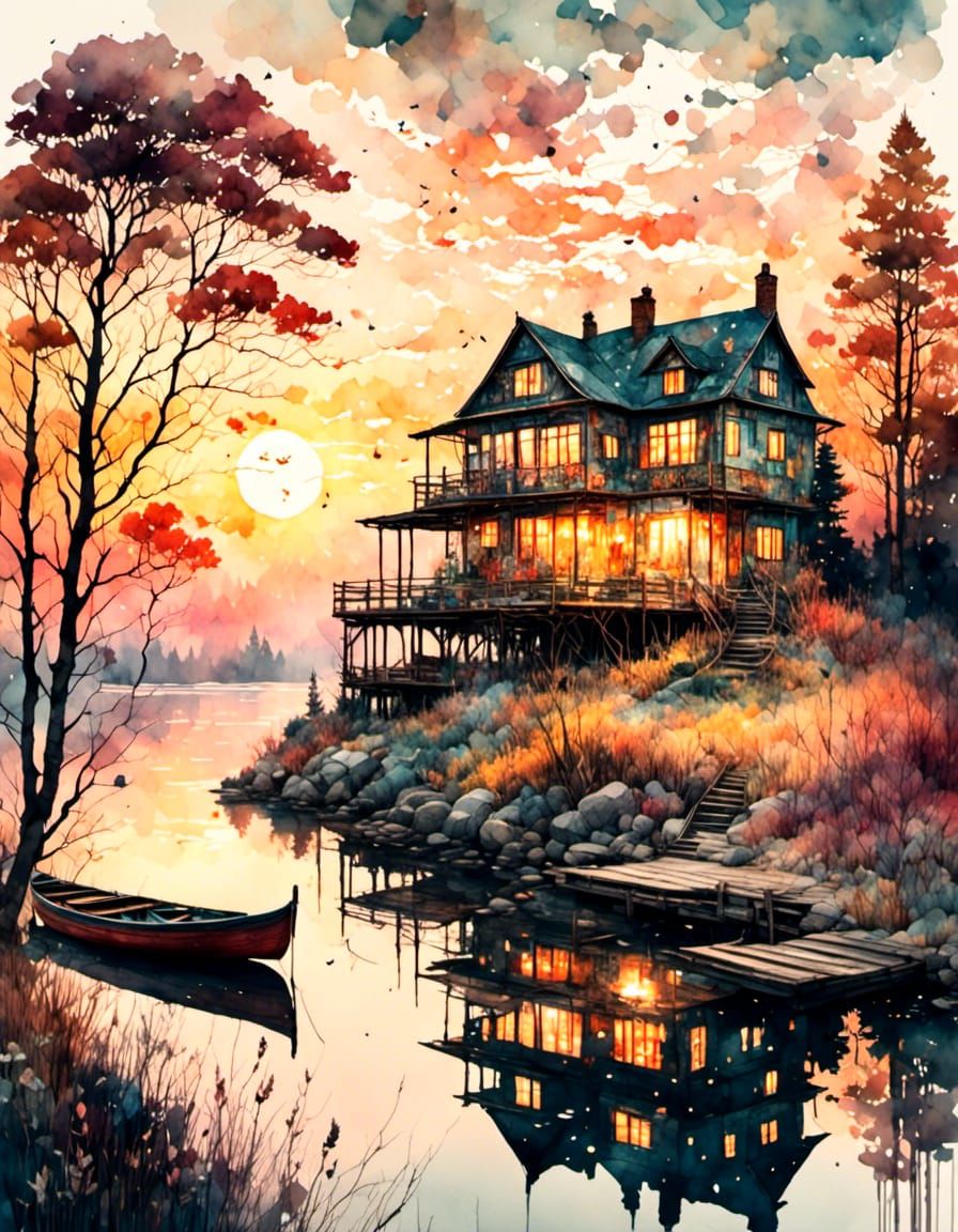 Lakeside Sunrise: Boat and House in Watercolor Style