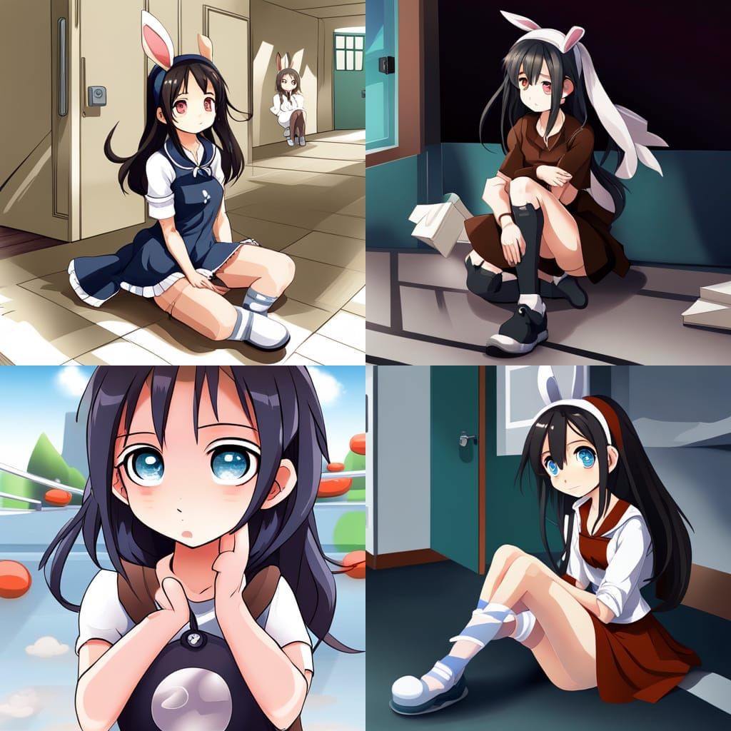 Anime Rabbit Girl in School Hallway, Ghibli Style