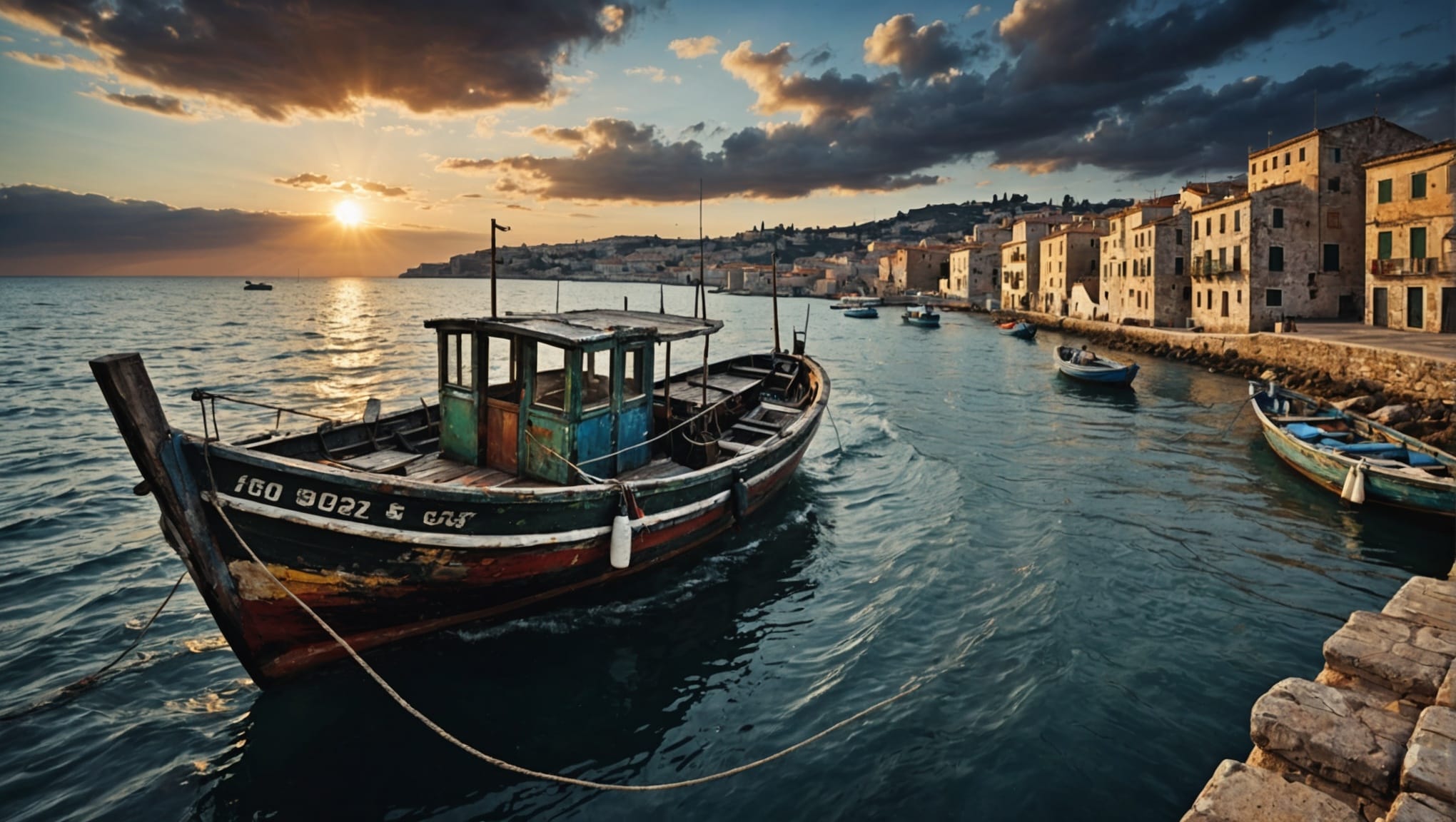 Old Fishing Boat at Sunset: Acrylic Painting