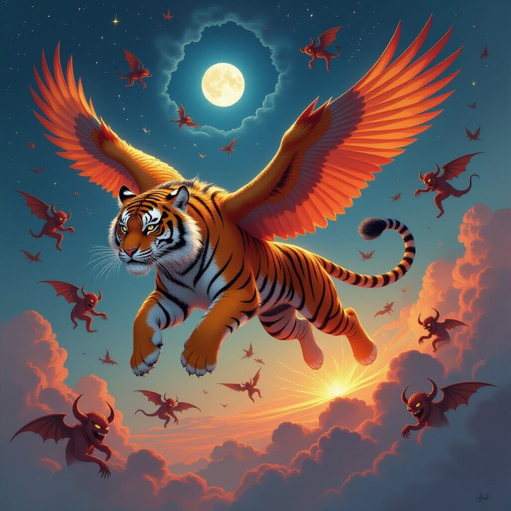 Flying Tiger Surrounded by Demons in Fantasy Style