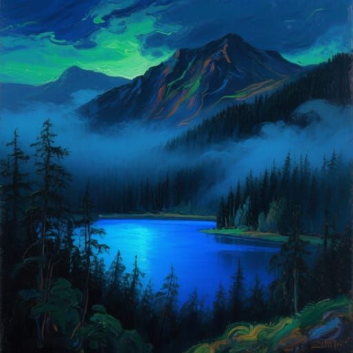 Ethereal Blue Lake in Foggy Forest Landscape