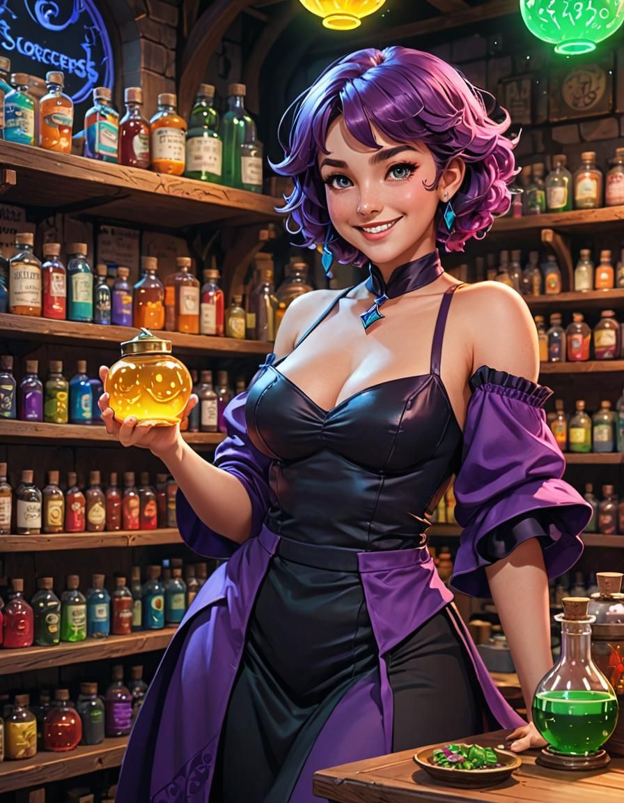Neon Sorceress Selling Potions in Anime Style