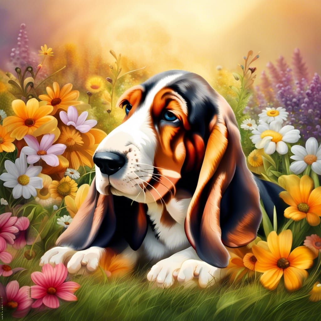 Basset Hound Puppy in a Flower Meadow