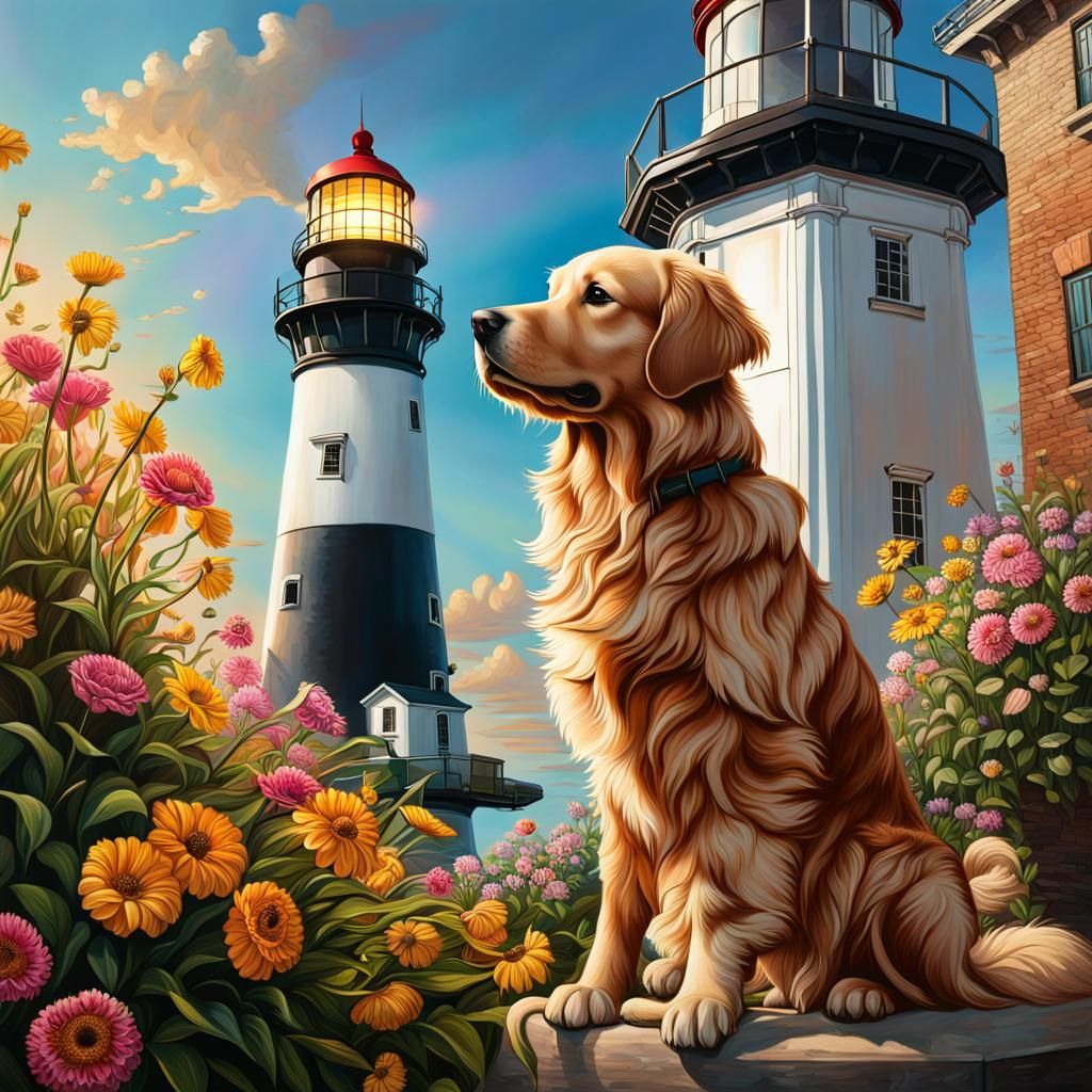 Flowers Grow From Lighthouse with Golden Retriever