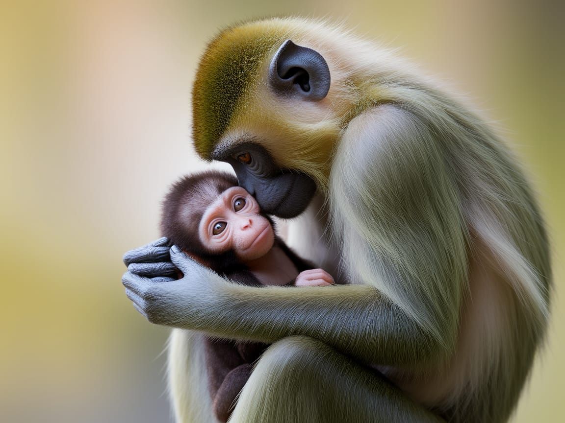 Mother Monkey Cradles Baby in Tender Moment