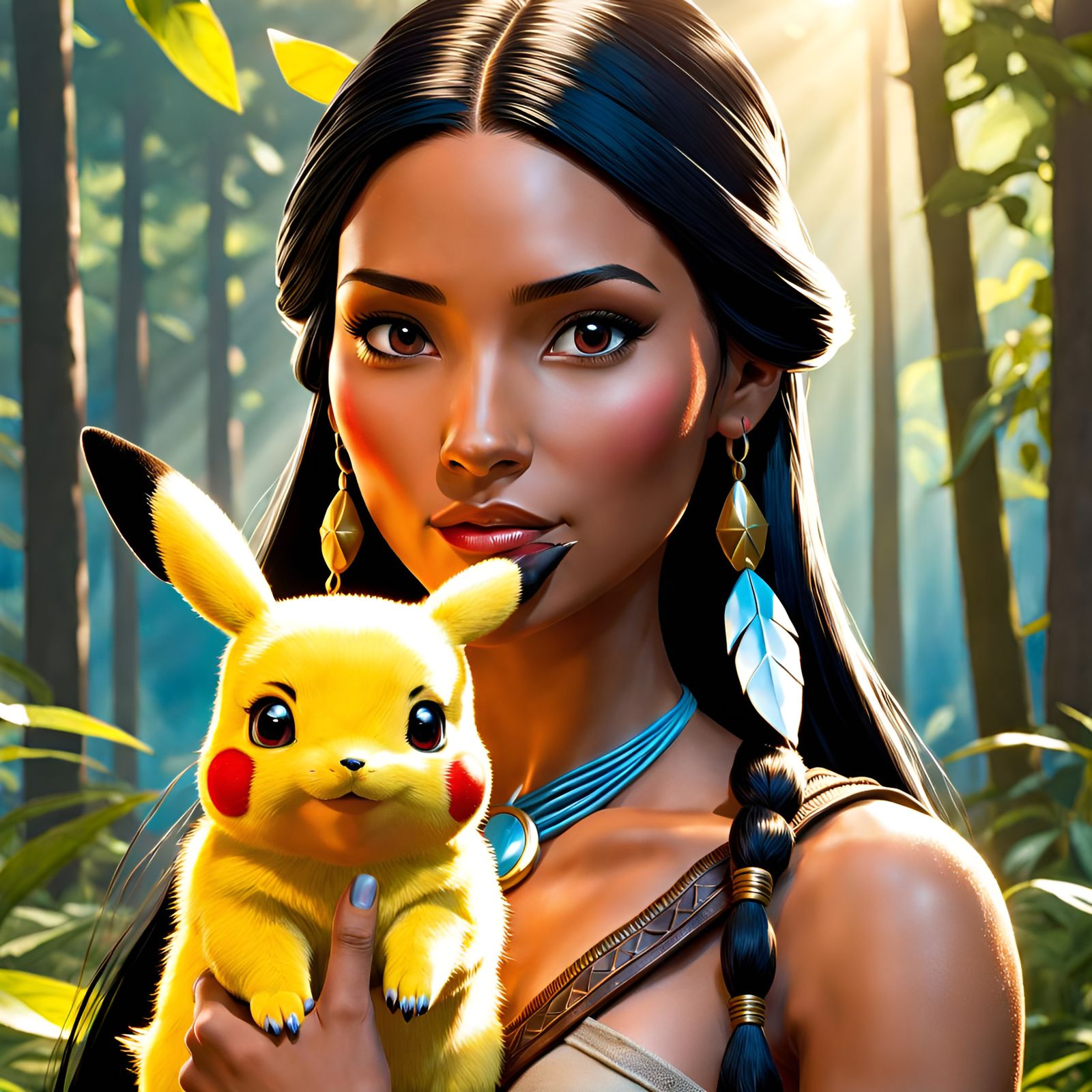 Pocahontas Holding Pikachu in Hyperrealistic Style