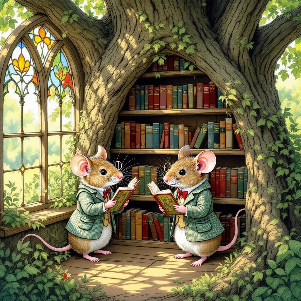 Woodland Library Scene in Beatrix Potter Style