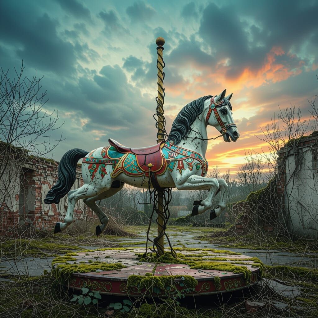 Weathered Carousel Horse in Overgrown Ruin