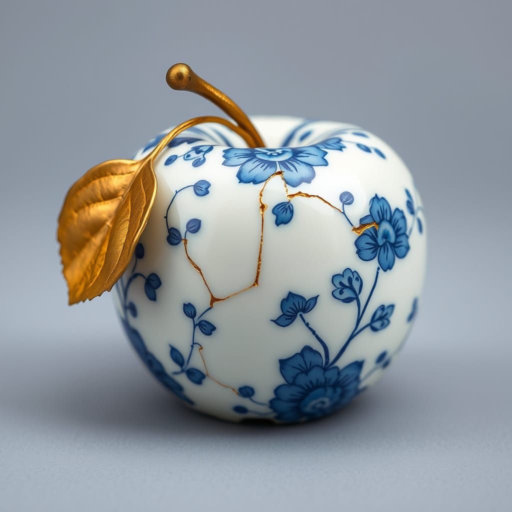 Porcelain Apple with Gold Seams in Kintsugi Style