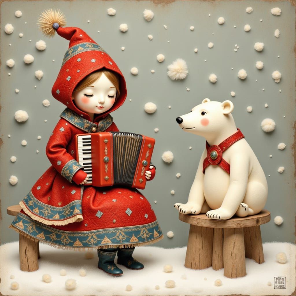 Whimsical Folk Art Characters in Snowy Scene