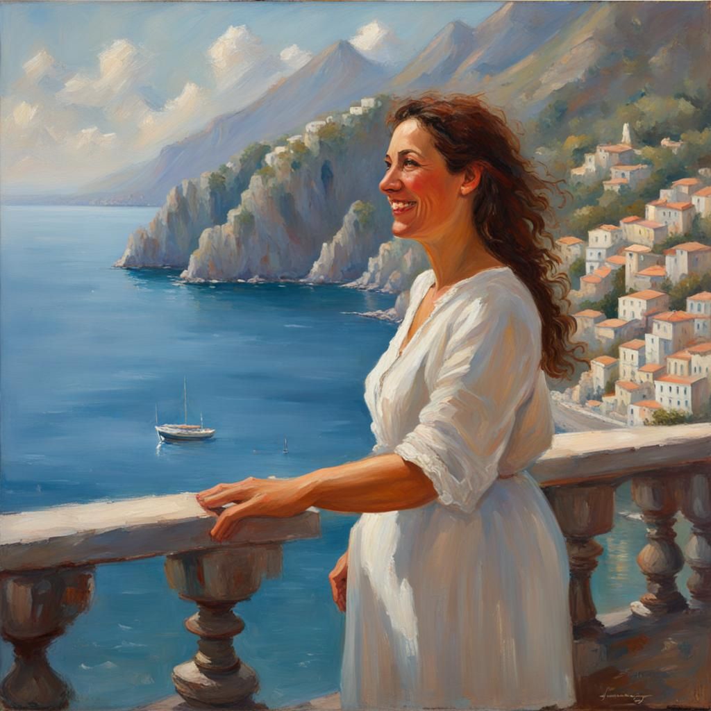 Woman Gazing at Amalfi Coast: Oil Painting