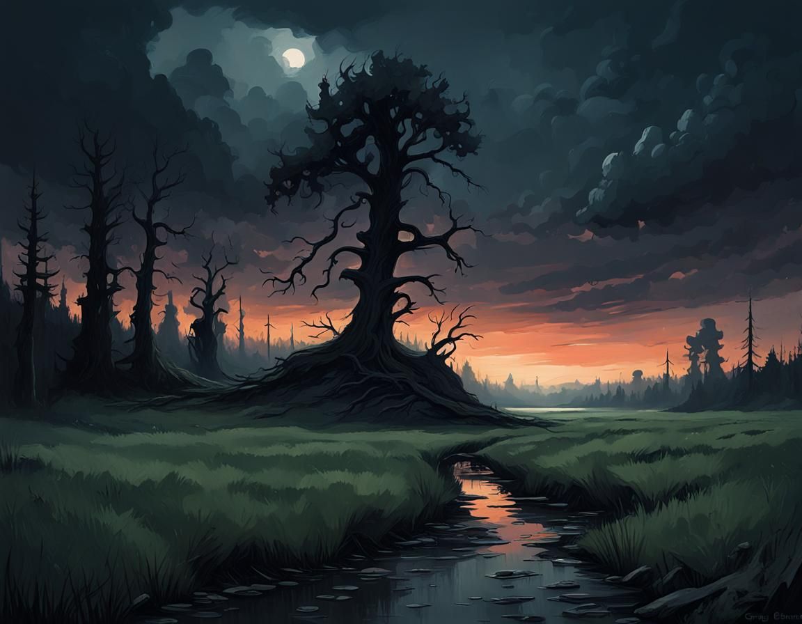 Sinister Evening Landscape in Romantic Style