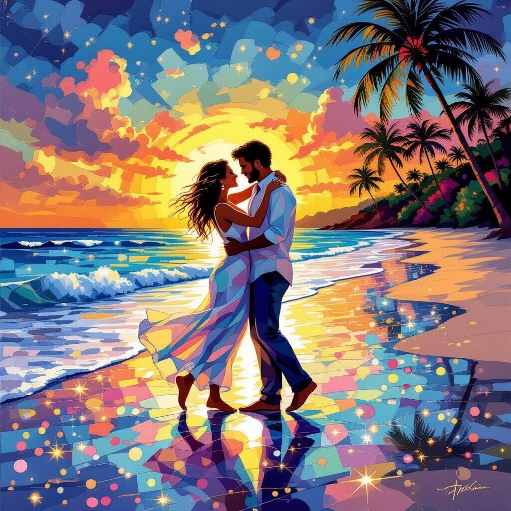 Couple Dancing on Bioluminescent Beach in Mosaic Style