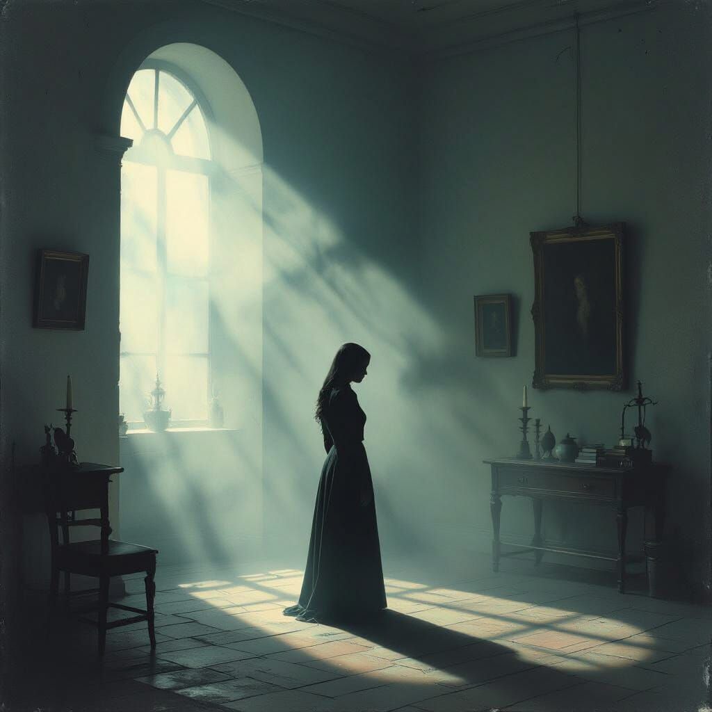 Solitary Figure in Dimming Room with Light Bending