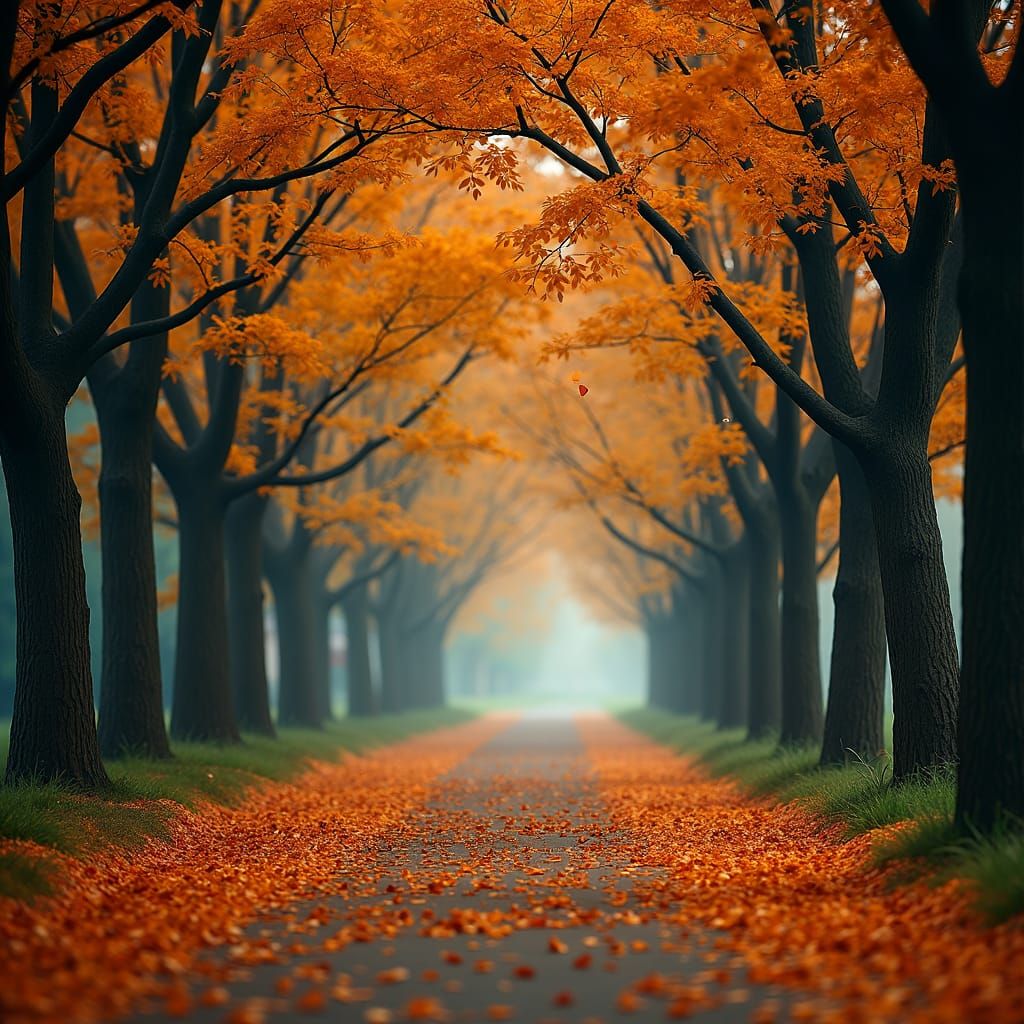 Autumn Leaves Falling: Hyperrealistic Atmospheric Path