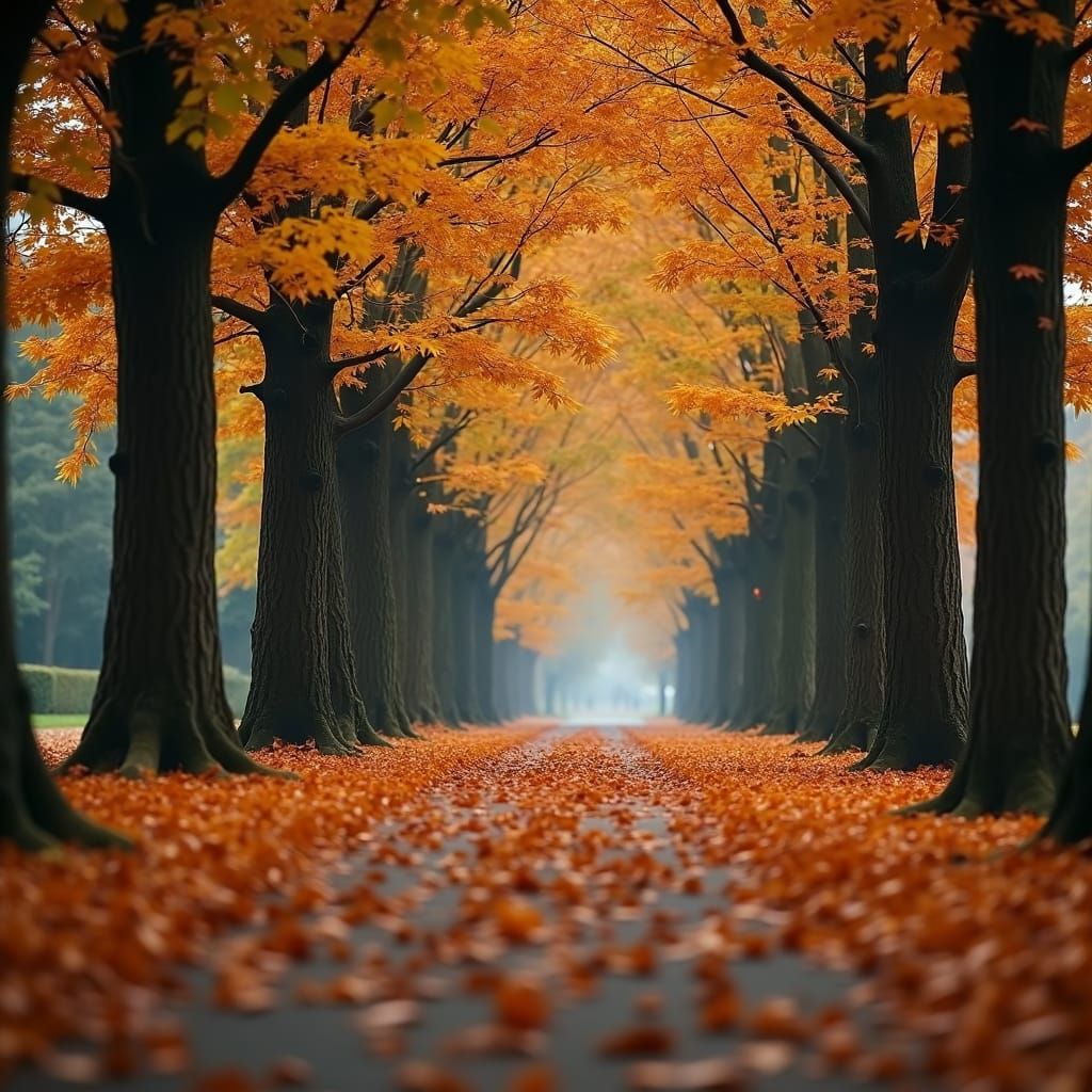 Autumn Leaves Falling Down a Path in Hyperrealistic Style