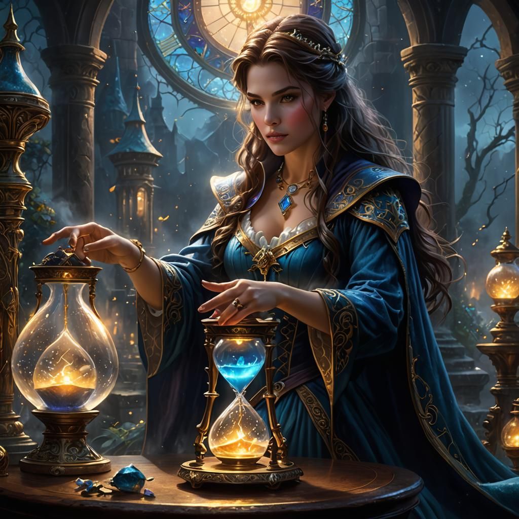 Sorceress using a glowing magic hourglass to cast a spell