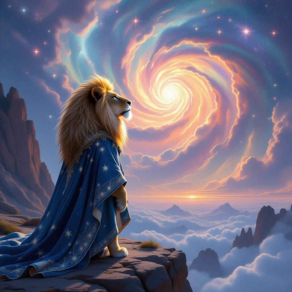 Celestial Lion Gazing at Nebula in Digital Art