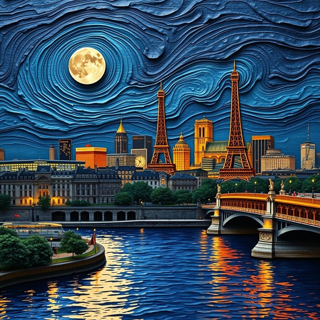 Paris Skyline at Night in Impasto Papercraft Style
