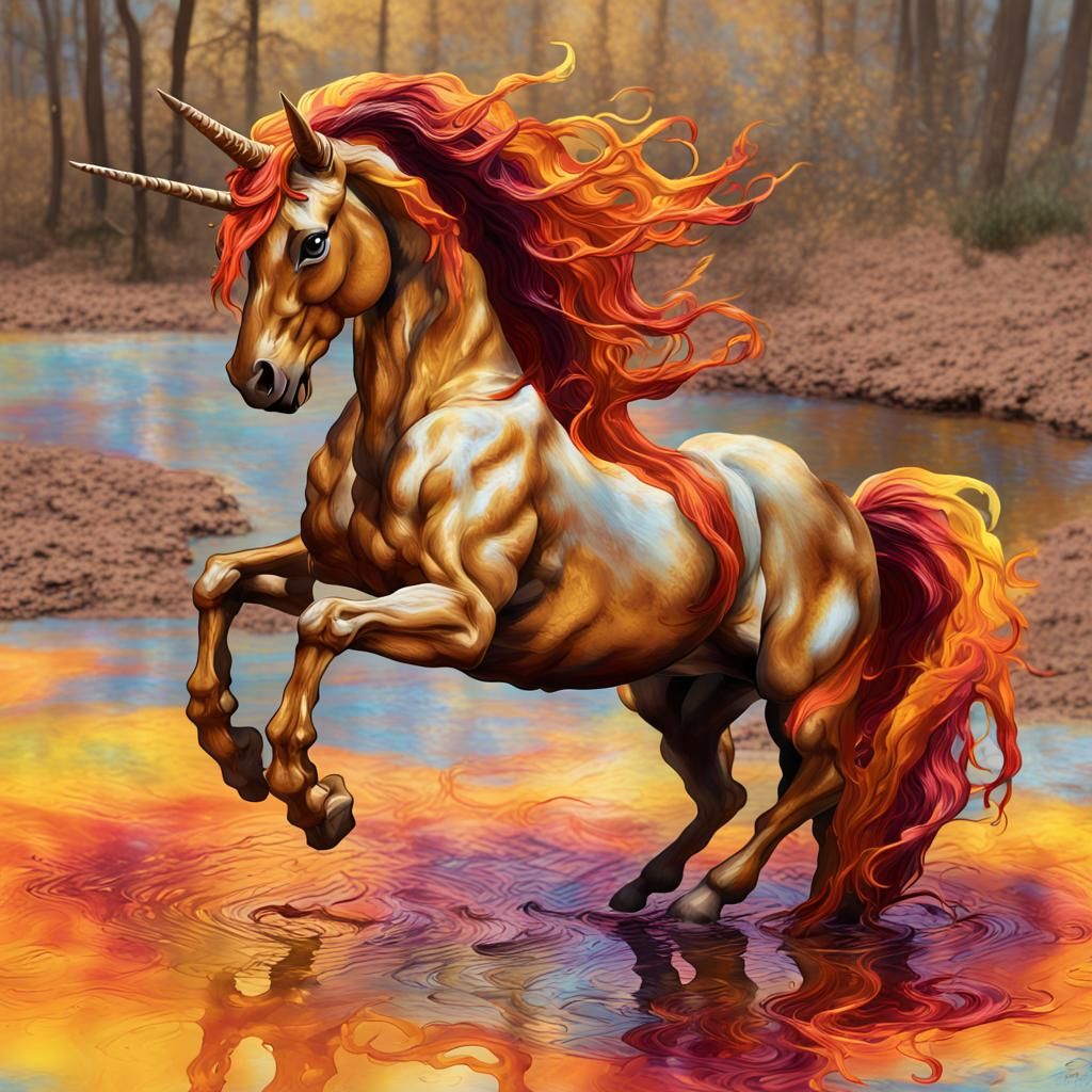 Unicorn Leaps Over Tie-Dye Puddle in Splash Art