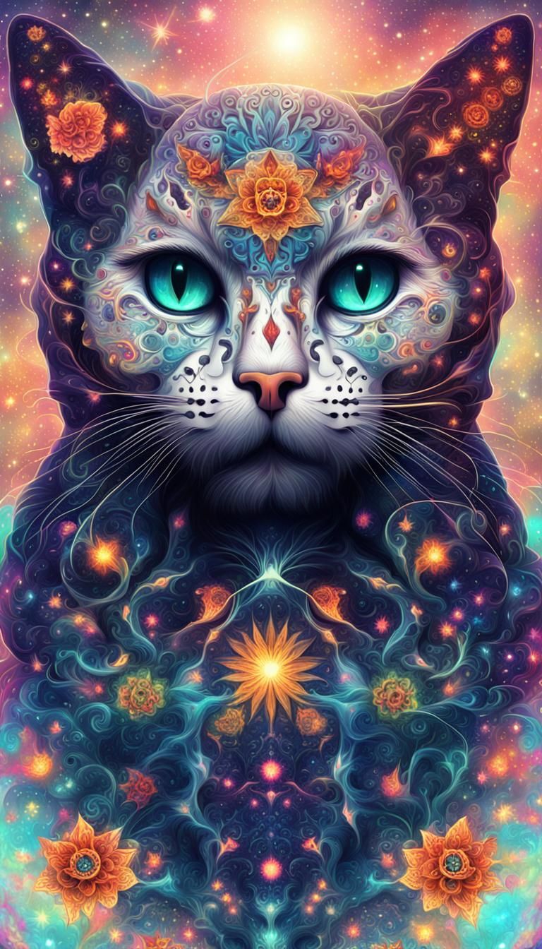 Surreal Fractal Sugar Skull Cat Supernova