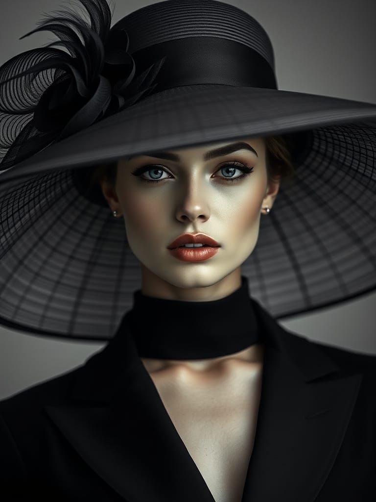 Elegant Woman in Oversized Black and White Hat