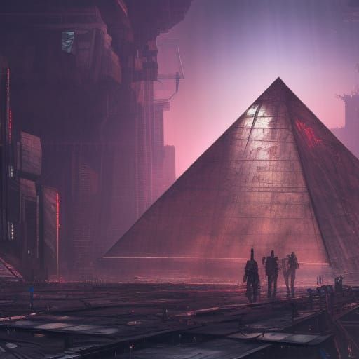 Cyberpunk Tech Pyramid in Post-Apocalyptic World