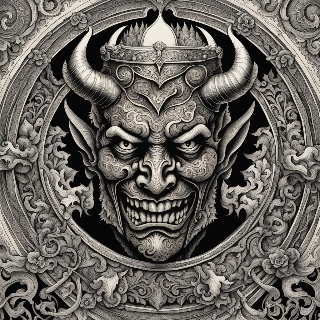 Medieval Devil Depiction in Black and White Ink