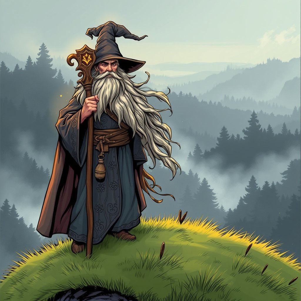 Wizard on Grassy Hill in Comic Book Style