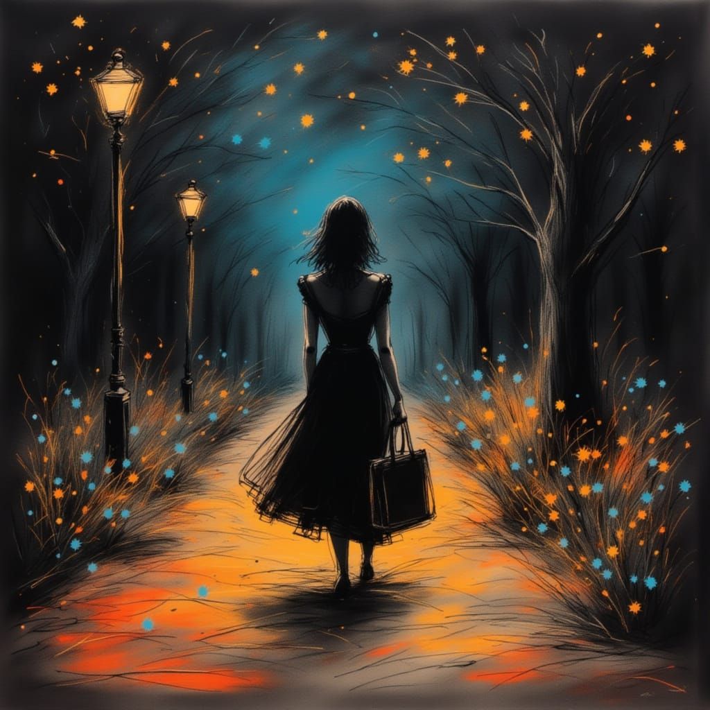 Woman in Evening Dress Walks Through Starry Night Landscape