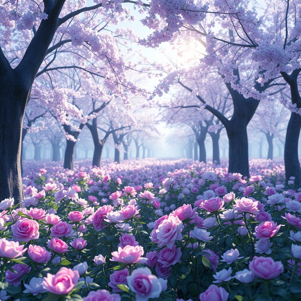 Vibrant Cherry Tree Forest Blooms with Blue and Purple Roses