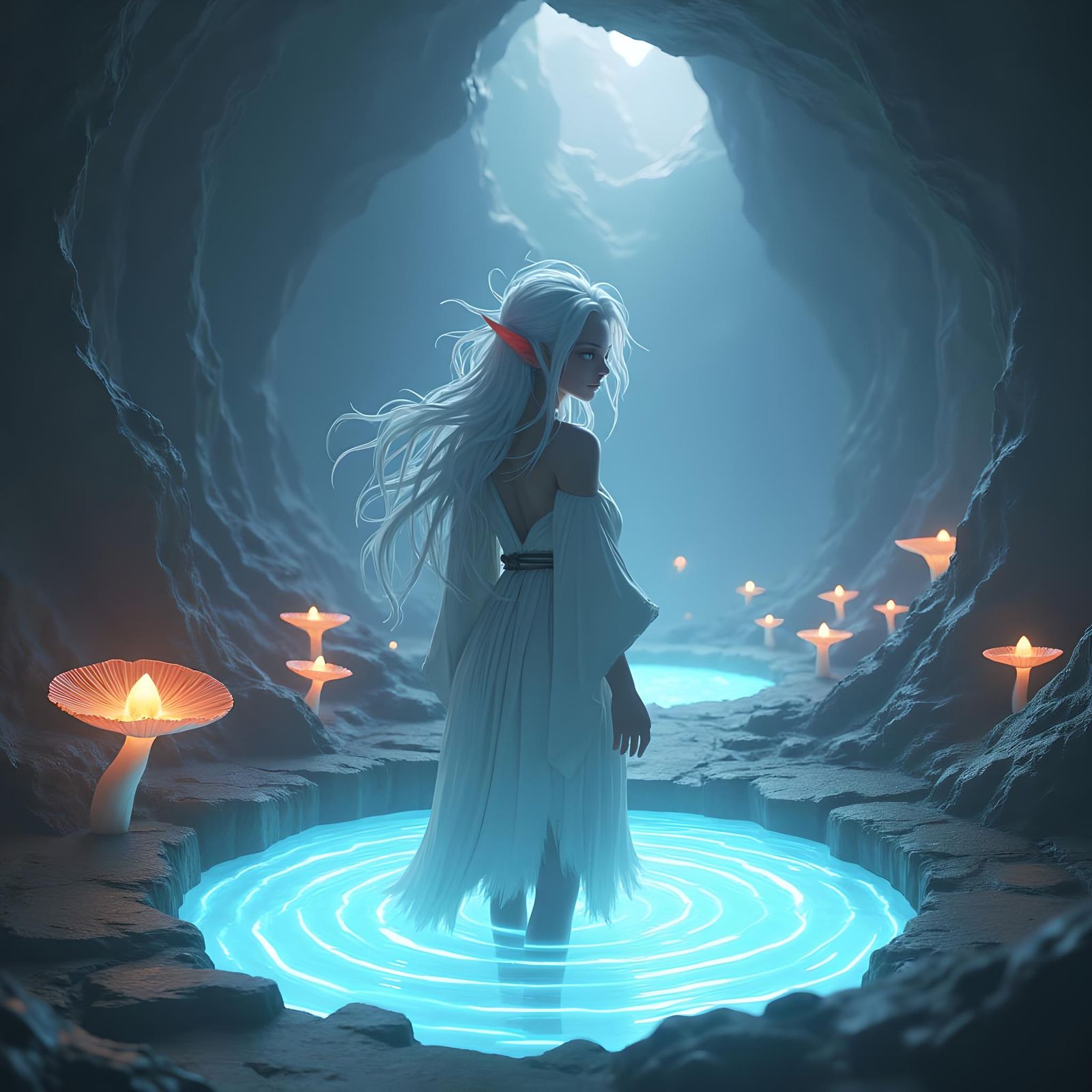 Dark Elf Bathes in Underground Hot Spring: Anime Art