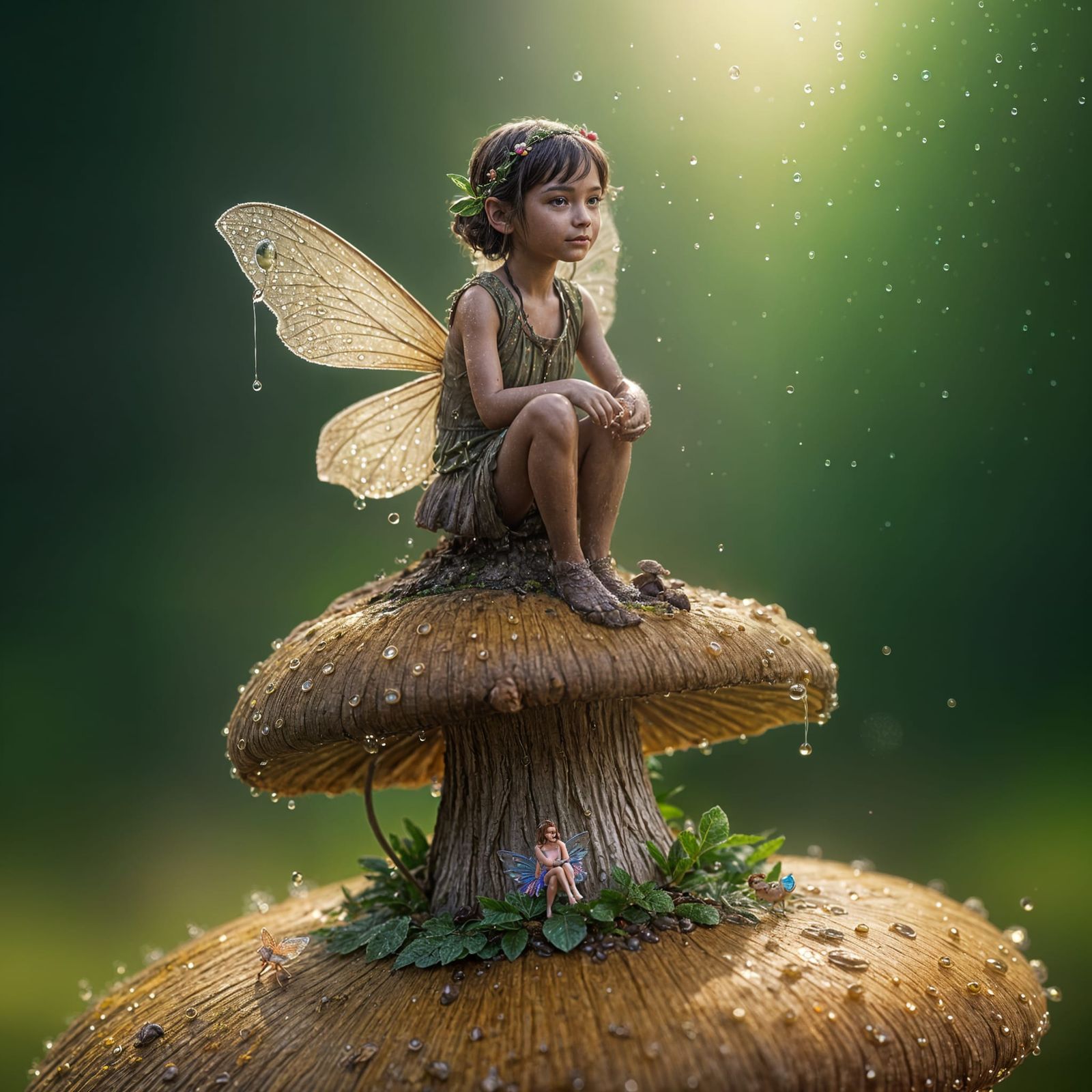 Dazzling Fairy Sits on a Mushroom amidst Morning Dew