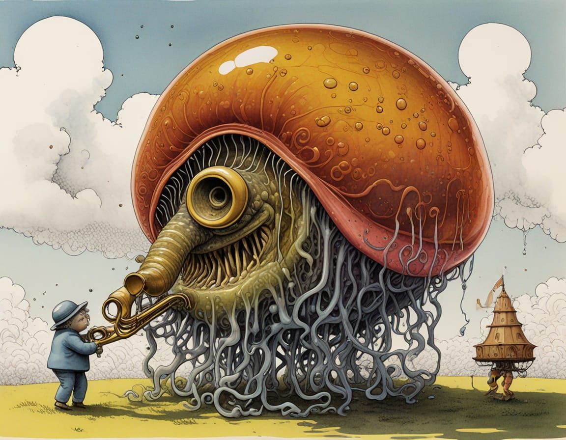 Surreal Jelly Blob Plays Trombone: Detailed Ink Art