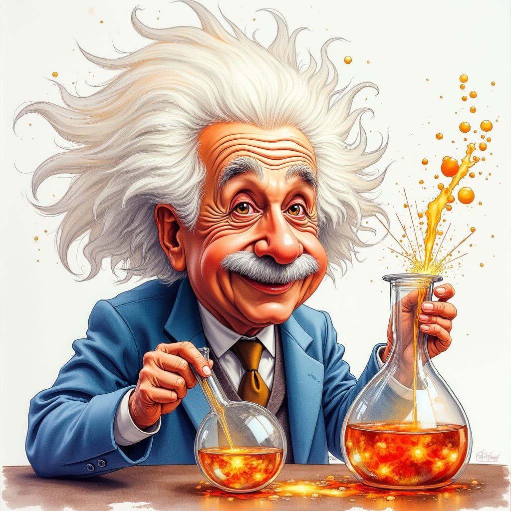 Watercolor Caricature of Einstein with Wild Hair