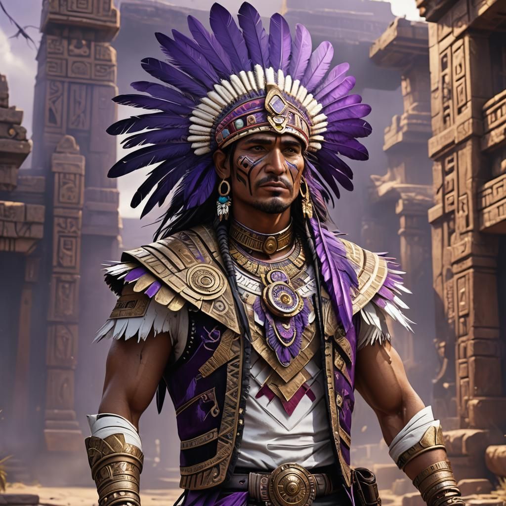 Aztec Man with Purple Feathers, Fantasy Concept Art