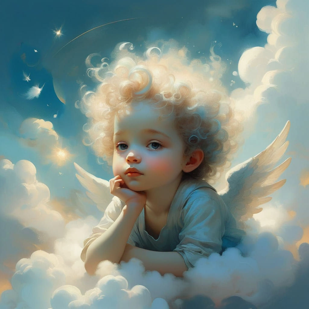 Ethereal Cherub on Cloud in Dreamy Illustration